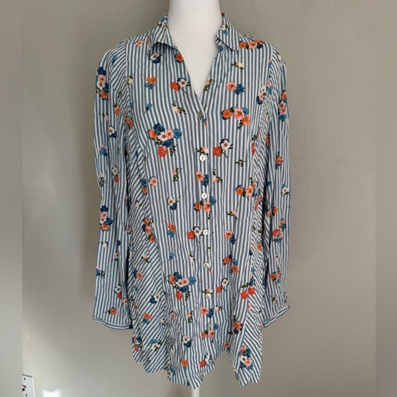 J.Jill Blue White Stripe Floral Button Down Blouse Women’s M Preppy Coquette - Picture 1 of 7